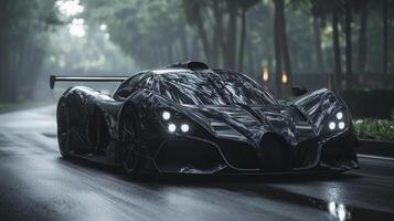 sleek black car glides along empty road night headlights cutting through darkness. Inside lone figure connects thrill of solitude while driving photo