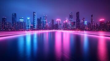 high tech futuristic bridge stretches across lively cityscape night glowing neon blue and magenta lights while hovering vehicles zip reflecting dazzling glow photo