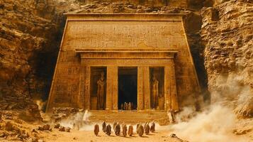 Deep within vast desert secretive temple emerges from sands. Hooded figures approach entrance marked massive stone pillars adorned cryptic symbols photo