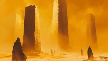 vast desert landscape conceals mysterious temple. Hooded figures approach entrance marked towering stone pillars engraved obscure symbols vanishing into darkness photo