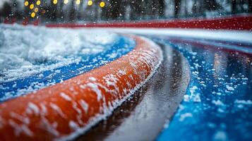 speed skater in streamlined racing suit leans forward aggressively showcasing strength and agility on glistening ice surface. Arena lights highlight their intense motion photo