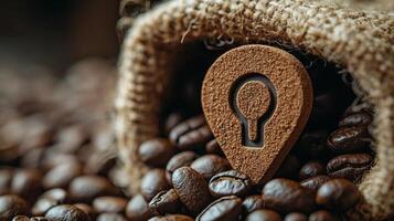 Handcrafted geolocation pin made from roasted coffee beans rests on textured burlap fabric emphasizing artisanal and organic essence of rustic coffee brand photo