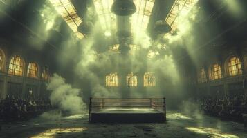 riveting night of boxing unfolds in dimly lit hall featuring boxing ring surrounded enthusiastic spectators. Spotlights and smoke enhance dramatic setting inviting excitement photo