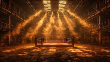 In dimly lit audience hall boxing ring stands illuminated rays of spotlight filtering through smoke creating dramatic and intense atmosphere for event photo