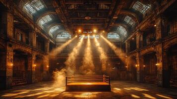 vibrant boxing night captivates audience in atmospheric hall. Rays of spotlights illuminate boxing ring creating dramatic scene filled excitement photo