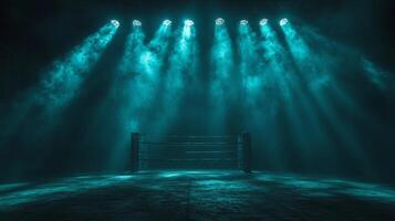 haze of smoke and vibrant spotlights boxing ring stands ready in audience hall creating thrilling atmosphere for unforgettable night of boxing photo