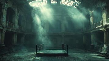 abandoned venue transformed for boxing night features ring illuminated spotlight rays and enveloped in smoke creating intense competitive atmosphere for spectators photo