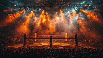 Low key lighting creates dramatic atmosphere during boxing night. Spotlights shine on ring amid swirling smoke captivating enthusiastic crowd ready for match photo