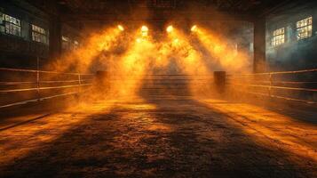 atmosphere of boxing event is captured glowing spotlights illuminating smoky ring in background. audience anticipates matches adding electrifying atmosphere photo