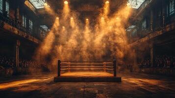 audience gathers in low lit hall eagerly awaiting boxing matches. boxing ring stands illuminated spotlights and enveloped in swirling smoke creating thrilling ambiance photo