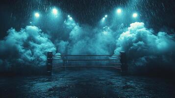 On boxing night dramatic arena features spotlighted ring shrouded in smoke enhancing energy of event while audience watches in anticipation photo