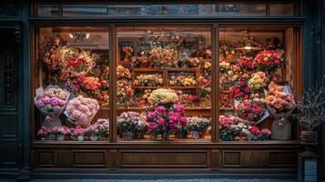 Bouquets of roses peonies tulips and orchids are beautifully arranged in flower shop window. Soft golden light enhances romantic setting inviting passersby explore photo