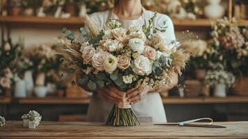 In beautifully designed flower shop florist in chic apron meticulously arranges elegant bouquet showcasing array of fresh blooms and artistic flair photo