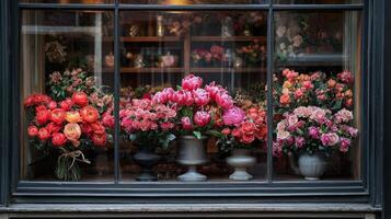 beautifully arranged display of luxurious bouquets catches eye in flower shop's window. Rich colors and elegant wrapping enhance inviting setting and cozy ambiance photo