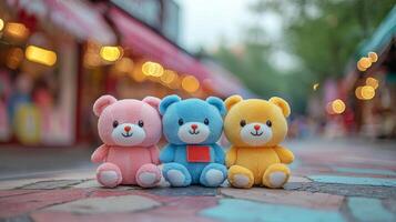playful geolocation pin features bright teddy bears and stuffed animals displayed against pastel background capturing joy of childhood and ambiance of toy store photo