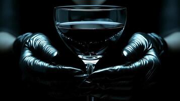 Glistening in soft light gloved hands cradle crystal glass filled rich red wine. dark wooden bar sets luxurious atmosphere inviting secret indulgence photo