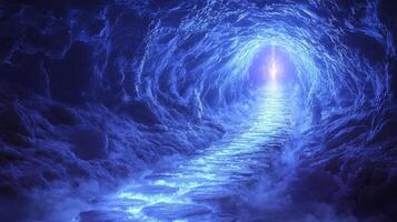 Souls traverse bridge of glowing stones inscribed divine commandments surrounded guardian spirits and abyss below heading radiant throne above photo