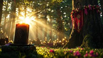 Pagans perform rituals in sacred grove adorned ribbons and flowers. Sunlight filters through trees illuminating candles and creating magical atmosphere during Eid al Fitr photo