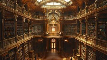 Countless ancient books float in mid air their pages turning themselves. Ethereal figures wander between shelves illuminated golden light searching for lost wisdom and memories photo