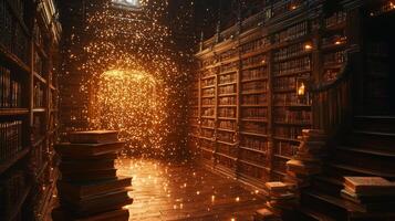 Countless ancient books hover and flip their pages in vast library. Ethereal figures wander between shelves illuminated golden light seeking lost wisdom and forgotten dreams photo