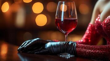 Gloved hands gracefully cradle crystal glass filled deep red wine resting on polished wooden bar photo