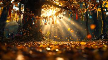 In sacred grove filled towering trees pagans gather perform rituals. Sunlight filters through canopy creating magical patterns on ground adorned ribbons and flowers photo