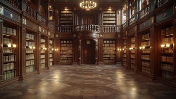 hand gently traces spines of rare leather bound books in dimly lit elegant library. Towering wooden shelves and warm lamps create atmosphere of mystery and discovery photo
