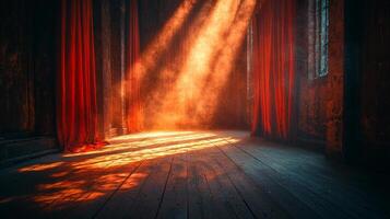 dimly lit theater stage features single spotlight shining on wooden floor casting elaborate shadows photo