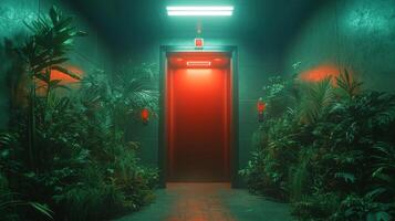 elevator suspended in void reveals doors open diverse landscapes from prehistoric jungles futuristic cities inviting exploration of unknown dimensions photo