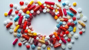 advertisement features geolocation symbol crafted from various colorful pills capsules and tablets. minimalist background enhances professional feel of pharmacy photo