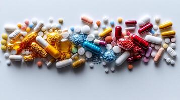 advertisement highlights geolocation symbol formed from various pills capsules and tablets set against clean white background convey professionalism and trustworthiness photo