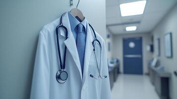 neatly hung white doctors coat stethoscope draped over wall hook captures essence of professionalism in calm modern medical office setting illuminated soft lighting photo