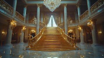 stunning staircase showcases polished gold steps reflect grand chandelier above. Adorned engravings and surrounded marble columns scene emanates luxury and elegance photo