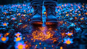 booted foot steps into soft earth creating imprint from which enchanting flowers bloom instantly in vibrant shades. Luminescent mushrooms emerge enhancing magical ambiance photo