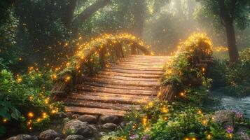 Vibrant bioluminescent flowers adorn bridge made of living vines glowing softly. Golden fireflies dance in air illuminating enchanting forest and stream below photo