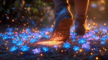 booted foot steps into soft earth creating fresh imprint. Enchanting flowers bloom instantly in vibrant colors while luminescent mushrooms emerge revealing magical transformation photo