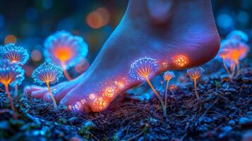 bare foot gently presses into soft earth creating glowing flower imprints. Violet blue and gold petals shimmer as spores drift in warm golden light of dawn photo