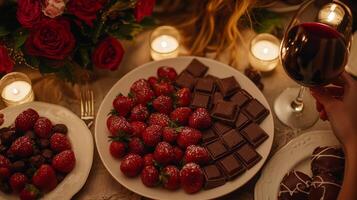 luxurious table is adorned decadent chocolates and ripe strawberries complemented glass of red wine. hand reaches for tempting treat embracing indulgence photo