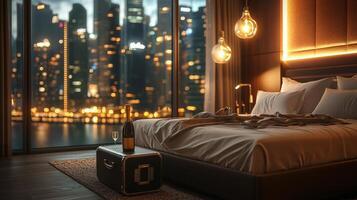 setting features luxurious hotel room illuminated city lights unmade bed half open suitcase and open bottle of champagne evoking sense of quiet indulgence photo