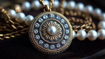 stunning geolocation pin crafted diamonds and gold chains shines against dark velvet backdrop representing elegance and sophistication for special occasions photo