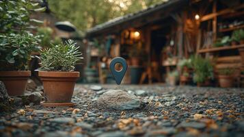 geolocation marker made from array of vibrant potted plants and gardening tools stands prominently in natural setting photo