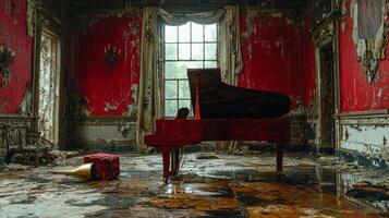 Remnants of once splendid ballroom reveal fading grandeur in space marked peeling walls and weathered grand piano standing amidst decay evoking memories of past celebrations photo