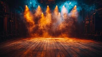 solitary ghost light stands alone on empty stage casting ethereal shadows across wooden floor. Darkened seats in background create haunting atmosphere rich theatrical tradition photo
