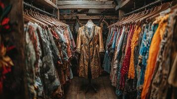 Costume designer focuses on final adjustments for elaborate period costume while performers prepare nearby. Racks filled colorful costumes surround busy atmosphere photo