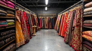 Costume designer makes final touches elaborate period costume while surrounded colorful fabrics and sewing supplies in bustling backstage area photo