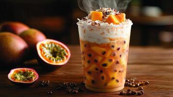 Enjoy vibrant iced fruit tea filled mango passionfruit pineapple and coconut shavings surrounded lively beachside cafe atmosphere. Ideal for summer gatherings photo