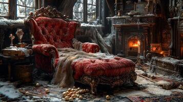 In sumptuous bedroom nobleman slouches in ornate chair surrounded symbols of former glory photo