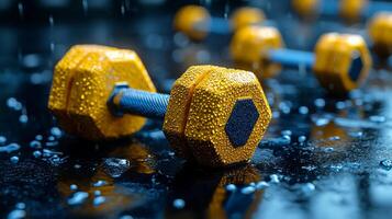 Fitness enthusiasts will appreciate high energy ad featuring unique geolocation pin made from gym weights and kettlebells set in dynamic industrial style gym photo