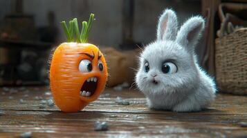 In vividly colored illustration predatory carrot sharp teeth and angry eyes playfully bites fluffy bunny highlighting humorous yet eerie atmosphere in wooden setting photo