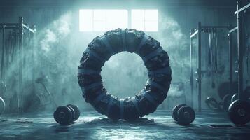 Geolocation pin constructed from gym weights and kettlebells stands out in industrial gym backdrop. Strong lighting accentuates textures creating energetic atmosphere for fitness photo